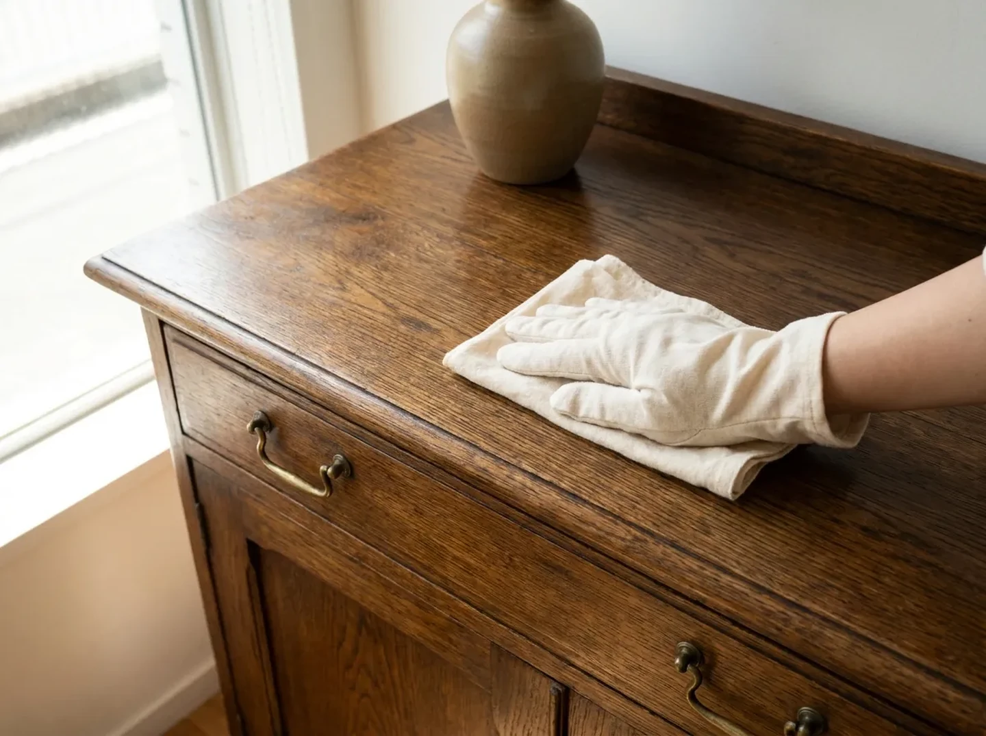 Mano con guante revisando la superficie de un mueble de madera